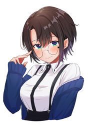  alternate_costume bespectacled blush breasts brown_hair coat commentary cropped_torso dress_shirt female finger_to_eyewear glasses green_eyes highres hololive large_breasts looking_at_viewer looking_over_eyewear medium_breasts off-shoulder_sweater off_shoulder oozora_subaru sasaki_(glass1138) shirt short_hair sidelocks simple_background smile solo suspenders sweater swept_bangs symbol-only_commentary upper_body virtual_youtuber white_background white_shirt 