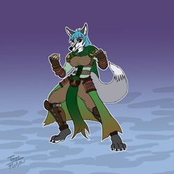  1:1 anthro blue_hair canid canine cloak clothing druid female fighting_pose fox fur grey_body grey_fur hair hi_res magic_user mammal monk nikorokumitsero pose rei_kisaragi robe solo tnargraef tribal_spellcaster 