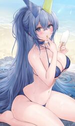  azur_lane bare_arms bare_shoulders barefoot beach bikini blue_bikini blue_eyes blue_hair blush breasts cleavage collarbone eyewear_on_head female finger_to_mouth food green_nails highres holding holding_food ice_cream large_breasts long_hair looking_at_viewer nail_polish navel new_jersey_(azur_lane) new_jersey_(midsummer_leisure)_(azur_lane) official_alternate_costume outdoors ponytail sitting solo summer sunglasses sweat swimsuit very_long_hair water ygcn 