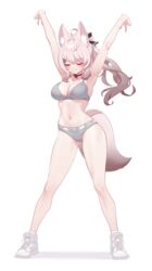  absurdres animal_ear_fluff animal_ears arms_up blush bra breasts choker cleavage closed_eyes closed_mouth female full_body grey_bra grey_panties highres large_breasts long_hair narynn navel original panties shoes simple_background smile solo standing stomach tail thighs underwear white_background white_footwear white_hair 