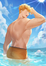  1boy bara blonde_hair blue_sky closed_eyes cloud day granblue_fantasy higashigunkan large_pectorals male_focus male_swimwear muscular muscular_male official_alternate_costume open_mouth orange_male_swimwear outdoors partially_submerged pectorals short_hair sky smile solo sunlight topless_male undercut vane_(granblue_fantasy) vane_(summer)_(granblue_fantasy) water 