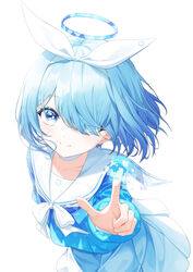  arona_(blue_archive) blue_archive blue_eyes blue_hair bow bright_pupils collarbone female hairband hairbow halo highres index_finger_raised ju-ok leaning_forward looking_at_viewer neckerchief one_eye_covered pleated_skirt sailor_collar school_uniform serafuku skirt smile swept_bangs touching white_background white_bow white_hairband white_neckerchief white_pupils white_sailor_collar white_skirt 