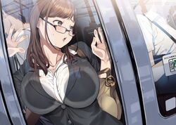  against_glass bag blush breast_press breasts breasts_on_glass brown_hair business_suit commentary_request female formal glasses hand_on_glass large_breasts long_hair office_lady open_mouth original purple_eyes samemanma shoulder_bag solo_focus suit train train_interior 