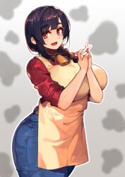  :d apron bell black_hair blue_pants braid breasts commentary_request cowbell denim female hair_over_shoulder harusame-r huge_breasts interlocked_fingers jeans long_hair looking_at_viewer mature_female mole mole_under_eye neck_bell open_mouth original own_hands_together paid_reward_available pants red_sweater ribbed_sweater single_braid sleeves_rolled_up smile solo standing sweater thick_eyebrows turtleneck turtleneck_sweater yellow_apron 