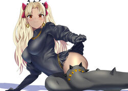  bad_id bad_pixiv_id black_dress black_gloves black_thighhighs blonde_hair breasts dark-skinned_female dark_skin dress earrings ereshkigal_(fate) ereshkigal_alter_(fate) fate/grand_order fate_(series) female gloves hair_ribbon hoop_earrings jewelry koucha_maru large_breasts long_hair long_sleeves looking_at_viewer parted_bangs red_eyes ribbon short_dress smile solo thighhighs thighs tiara two_side_up 