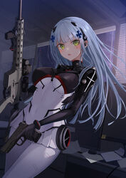  assault_rifle blush breasts covered_navel female girls&#039;_frontline green_eyes grey_hair gun h&amp;k_hk416 h&amp;k_hk45 hair_ornament handgun highres hk416_(girls&#039;_frontline) hk416_(midnight_evangelion)_(girls&#039;_frontline) holding holding_gun holding_weapon indoors large_breasts long_hair looking_at_viewer monitor official_alternate_costume parted_lips rifle shumeia solo teardrop_facial_mark trigger_discipline weapon 