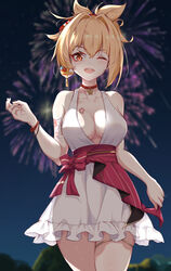  aerial_fireworks alternate_costume arm_tattoo asymmetrical_hair bare_shoulders blonde_hair blurry blurry_background bow breasts chest_tattoo chinese_commentary choker cleavage commentary_request cowboy_shot dress english_commentary female fireworks flower_tattoo frilled_dress frills genshin_impact hair_intakes hair_ornament hand_up highres holding kanzashi looking_at_viewer low_neckline medium_hair mixed-language_commentary nail_polish night night_sky one_eye_closed open_mouth orange_eyes pendant_choker plunging_neckline qingshuisi_yu_ji red_bow red_choker red_sash sash short_ponytail sidelocks sky smile solo tattoo thighlet thighs white_dress wristband yoimiya_(genshin_impact) 