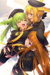  3girls belt beret black_gloves black_headwear black_jacket black_leotard blonde_hair blush breasts choker closed_eyes echo_(circa) fate/grand_order fate_(series) geirskogul_(fate) gloves green_hair gun hat head_wings highleg highleg_swimsuit holster hood hooded_jacket jacket leotard long_hair long_sleeves medium_breasts medium_hair multiple_girls olrun_(fate) open_clothes open_jacket open_mouth orange_hair red_eyes rindr_(fate) smile swimsuit thighs twintails valkyrie_(fate) weapon wings 