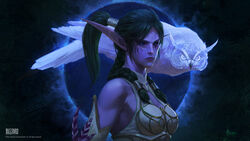  bayard_wu bird blue_eyes colored_skin commentary eclipse elf english_commentary female full_moon highres long_hair looking_at_viewer moon muscular muscular_female night night_elf_(warcraft) owl pointy_ears ponytail purple_skin solo toned tyrande_whisperwind warcraft world_of_warcraft 