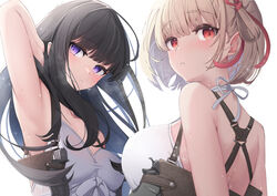  2girls :o arm_behind_head armpits bare_arms bare_shoulders black_hair blonde_hair breasts camisole collarbone commentary_request grey_camisole gun hand_up handgun highres holster holstered inoue_takina large_breasts long_hair looking_at_viewer lycoris_recoil m1911 medium_breasts multiple_girls nishikigi_chisato parted_lips purple_eyes red_eyes s&amp;w_m&amp;p short_hair shoulder_holster simple_background sweat tatapopo weapon white_background white_camisole 