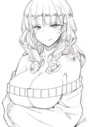  bare_shoulders blush breasts carmilla_(fate) cleavage collarbone contemporary curly_hair fate/grand_order fate_(series) female fue_(rhomphair) greyscale highres large_breasts line_art long_hair long_sleeves looking_at_viewer monochrome off-shoulder_sweater off_shoulder smile solo sweater 