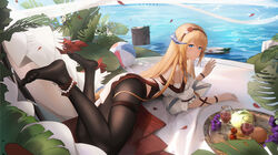  anklet apple arknights ball beachball bead_anklet black_pantyhose blonde_hair blue_eyes cherry cup day dragon_girl dragon_horns drinking_glass feet feet_up female food fruit grapes highres horns jewelry leaf legs ling_dianxia log long_hair looking_at_viewer no_shoes orange_(fruit) outdoors pantyhose saileach_(arknights) saileach_(summer_flowers)_(arknights) soles solo toes very_long_hair water wine_glass 