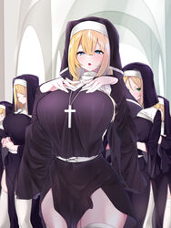  5girls absurdres blonde_hair blue_eyes blurry breasts commentary_request covered_navel cross cross_necklace curvy depth_of_field habit highres huge_breasts jewelry large_breasts long_hair looking_at_viewer mitsudoue multiple_girls necklace nun original parted_lips ring thick_thighs thighhighs thighs white_thighhighs wide_hips 