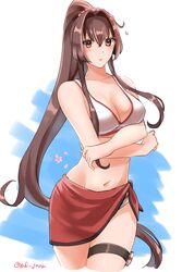  breasts brown_hair cherry_blossoms cleavage collarbone commentary_request cowboy_shot crossed_arms female flower hair_flower hair_ornament highres japanese_clothes kantai_collection kimono large_breasts long_hair looking_at_viewer navel one-hour_drawing_challenge ponytail red_sarong sarong solo tsukimura_(d24f4z8j3t) twitter_username white_background white_kimono yamato_(kancolle) 