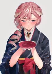  absurdres black_kimono blue_kimono blush braid closed_mouth cup curly_hair drill_hair earrings facing_viewer female hair_between_eyes hair_over_shoulder hair_wings hands_up highres holding holding_cup hololive japanese_clothes jewelry kimono koubou_(cowbow_kun) long_hair looking_down multicolored_hair pink_hair sakazuki simple_background solo sweat takane_lui takane_lui_(new_year) upper_body virtual_youtuber white_hair wide_sleeves wings 