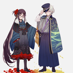  1boy alternate_costume blue_eyes boots brown_hair cape commentary_request csyday fate/grand_order fate_(series) female flower grey_hair hair_between_eyes hair_flower hair_ornament hakama hakama_skirt highres japanese_clothes kimono long_hair prince_of_lan_ling_(fate) skirt taishou very_long_hair white_hair yagasuri yu_mei-ren_(fate) yukata 