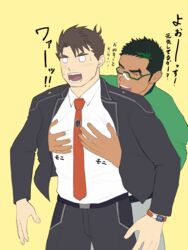  2boys absurdres bandaid bandaid_on_face bandaid_on_nose bara between_pectorals black_hair blush dark-skinned_male dark_skin facial_hair flat_color formal goatee grabbing green_hair groping highres jacket jashin_doruton kyoichi_(live_a_hero) live_a_hero long_sideburns male_focus male_protagonist_(live_a_hero) multicolored_hair multiple_boys muscular muscular_male necktie necktie_between_pectorals open_clothes open_jacket pectoral_grab pectorals shirt short_hair sideburns streaked_hair surprised sweatdrop translation_request watch white_shirt wristwatch yaoi 