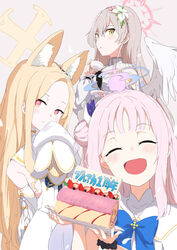  3girls :d absurdres angel_wings animal_ear_fluff animal_ears black_neckerchief blonde_hair blue_archive blue_bow blush bow cake closed_eyes closed_mouth commentary_request cross_halo cup dessert detached_sleeves dress feathered_wings flower food fox_ears fruit hair_bun hair_flower hair_ornament halo hand_on_own_face highres holding holding_cup holding_plate light_brown_hair long_hair looking_at_viewer mika_(blue_archive) multiple_girls nagisa_(blue_archive) neckerchief orange_bow parted_bangs parted_lips pink_halo plate pre_sktch red_eyes seia_(blue_archive) simple_background single_side_bun sleeve_bow sleeveless sleeveless_dress sleeves_past_fingers sleeves_past_wrists smile strawberry swiss_roll tea_party_(blue_archive) teacup upper_body very_long_hair white_bow white_dress white_wings wings yellow_eyes yellow_halo 