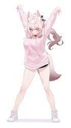  absurdres animal_ear_fluff animal_ears arms_up black_shorts blush breasts choker closed_mouth female full_body highres large_breasts long_hair looking_at_viewer narynn original pink_eyes shoes short_shorts shorts simple_background smile solo standing tail thighs white_background white_footwear white_hair 