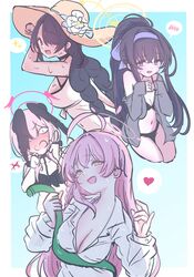  4girls :d ahoge bikini black_bikini black_hair black_wings blue_archive blue_eyes blue_hairband blush braid breasts flower full-face_blush giorgio_(yo_sumire_sola1) green_eyes grey_sweater hair_over_one_eye hairband halo hanako_(blue_archive) hanako_(swimsuit)_(blue_archive) hat hat_flower head_wings heart highres hinata_(blue_archive) hinata_(swimsuit)_(blue_archive) hose koharu_(blue_archive) koharu_(swimsuit)_(blue_archive) large_breasts long_hair multiple_girls off_shoulder official_alternate_costume pink_hair red_eyes shirt slit_pupils small_breasts smile spoken_blush spoken_heart spoken_sparkle sun_hat sweatdrop sweater swimsuit twin_braids ui_(blue_archive) ui_(swimsuit)_(blue_archive) very_long_hair white_shirt wings 