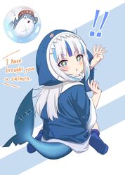  ! !! ^^^ animal_hood bad_id bad_twitter_id bloop_(gawr_gura) blue_background blue_eyes blue_hoodie blue_nails blunt_bangs blush commentary english_commentary english_text female fins fish_tail gawr_gura gawr_gura_(1st_costume) grey_hair highres hololive hololive_english hood hoodie long_hair looking_at_viewer looking_back mixed-language_commentary nail_polish open_mouth shark_hood shark_tail simple_background sparkling_eyes tail two-tone_background virtual_youtuber weizen white_background 