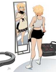  1boy androgynous bike_shorts blonde_hair bridget clothes_in_front crop_top dress english_commentary full_body green_eyes guilty_gear guilty_gear_strive holding holding_clothes holding_dress looking_at_mirror male_focus mirror mx._moz no_shoes otoko_no_ko reflection simple_background skirt smile socks solo standing tank_top trying_on_clothes unworn_clothes weapon_case yo-yo 