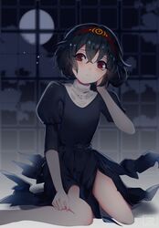  awee bare_legs black_dress black_hair blush commentary doppelganger_(monster_girl_encyclopedia) dress female frown full_moon hair_between_eyes hairband hand_on_own_cheek hand_on_own_face highres looking_at_viewer mixed-language_commentary monster_girl_encyclopedia moon night puffy_sleeves red_eyes red_hairband short_hair sitting solo tears window 