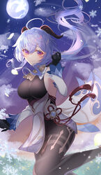  absurdres ahoge bell black_gloves black_legwear blue_hair bodystocking breasts chinese_knot commentary detached_sleeves female flower_knot ganyu_(genshin_impact) genshin_impact gloves gold_trim highres horns light_smile long_hair looking_at_viewer low_ponytail medium_breasts natsuki_yoru neck_bell orb purple_eyes red_rope rope sideboob sidelocks snowflakes solo tassel thighlet vision_(genshin_impact) white_sleeves 