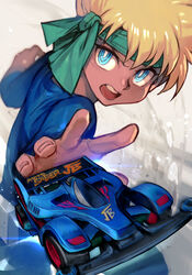  1boy bakusou_kyoudai_let&#039;s_&amp;_go!! blonde_hair blue_eyes bodysuit dark-skinned_male dark_skin green_headband hand_up headband hungry_clicker j_(let&#039;s_&amp;_go) male_focus open_mouth ringed_eyes simple_background solo toy toy_car v-shaped_eyebrows 