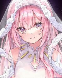  bare_shoulders closed_mouth clothing_cutout commentary dress female hair_between_eyes highres light_particles long_hair looking_at_viewer magical_mirai_(vocaloid) magical_mirai_luka magical_mirai_luka_(2021) megurine_luka multicolored_eyes noneon319 pink_hair purple_eyes signature sleeveless sleeveless_dress smile solo twitter_username upper_body veil vocaloid white_dress 