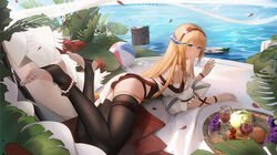  anklet apple arknights ball beachball bead_anklet black_thighhighs blonde_hair blue_eyes cherry cup day dragon_girl dragon_horns drinking_glass feet feet_up female food fruit grapes highres horns jewelry leaf legs ling_dianxia log long_hair looking_at_viewer nail_polish no_shoes orange_(fruit) outdoors saileach_(arknights) saileach_(summer_flowers)_(arknights) soles solo stirrup_legwear thighhighs toeless_legwear toenail_polish toenails toes very_long_hair water wine_glass 