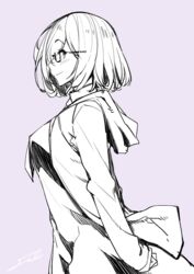  breasts fate/grand_order fate_(series) female fue_(rhomphair) glasses hair_over_one_eye highres jacket large_breasts line_art long_sleeves looking_at_viewer mash_kyrielight monochrome necktie purple_theme short_hair smile solo 