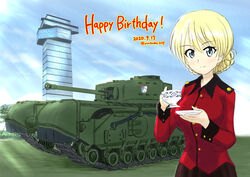  absurdres black_skirt blonde_hair blue_eyes braid churchill_(tank) closed_mouth commentary_request cup darjeeling_(girls_und_panzer) dated day emblem english_text epaulettes female girls_und_panzer happy_birthday highres holding holding_cup holding_saucer jacket long_sleeves looking_at_viewer military military_uniform military_vehicle motor_vehicle ooarai_(ibaraki) ooarai_marine_tower outdoors partial_commentary pleated_skirt porotto_yontouhei red_jacket saucer short_hair skirt smile solo st._gloriana&#039;s_(emblem) st._gloriana&#039;s_military_uniform standing tank teacup tied_hair twin_braids uniform 