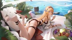  anklet apple arknights ball bare_legs barefoot beachball bead_anklet blonde_hair blue_eyes cherry cup day dragon_girl dragon_horns drinking_glass feet female food fruit grapes highres horns jewelry leaf legs ling_dianxia log long_hair looking_at_viewer nail_polish orange_(fruit) outdoors saileach_(arknights) saileach_(summer_flowers)_(arknights) soles solo thighs toenail_polish toenails toes very_long_hair water wine_glass 