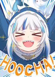  &gt;o&lt; animal_hood bad_id bad_twitter_id bloop_(gawr_gura) blue_background blue_hair blue_hoodie blush catchphrase closed_eyes commentary emphasis_lines english_text fangs female fins fish_tail gawr_gura gawr_gura_(1st_costume) grey_hair highres hololive hololive_english hood hoodie jumping long_hair looking_at_viewer multicolored_hair open_mouth outstretched_arms pov shark_girl shark_hood shark_tail sharp_teeth simple_background smile streaked_hair tail teeth two-tone_background two-tone_hair virtual_youtuber weizen white_background 