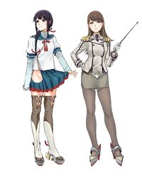  2girls bangs black_hair black_legwear black_neckwear blue_sailor_collar blue_skirt braid breasts brown_eyes brown_hair closed_mouth cosplay epaulettes full_body gloves hair_over_shoulder hair_ribbon hand_on_hip high_heels highres hip_vent holding kantai_collection katori_(kantai_collection) katori_(kantai_collection)_(cosplay) kitakami_(kantai_collection) long_hair long_sleeves military military_uniform multiple_girls necktie no_panties ooi_(kantai_collection) ooyodo_(kantai_collection) ooyodo_(kantai_collection)_(cosplay) pantyhose pencil_skirt ribbon riding_crop rudder_footwear sailor_collar school_uniform serafuku simple_background single_braid skirt standing thighhighs uniform uyama_hajime white_background white_gloves 