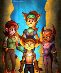  2018 accessory alien alien_humanoid angela_cross anthro armor assassyart black_hair blonde_hair blue_eyes breasts brown_body brown_fur brown_hair cazar_(ratchet_and_clank) cheek_tuft clothing ear_markings eyebrows eyelashes facial_markings facial_tuft female fur gem green_eyes group hair hat head_markings headband headgear headwear heart_eyes heart_symbol hi_res humanoid humanoid_pointy_ears lips lombax looking_down looking_up male mammal markazian markings ponytail ratchet_(ratchet_and_clank) ratchet_and_clank sasha_phyronix short_hair smile sony_corporation sony_interactive_entertainment standing tail tailed_humanoid talwyn_apogee tuft unavailable_at_source what yellow_body yellow_fur 