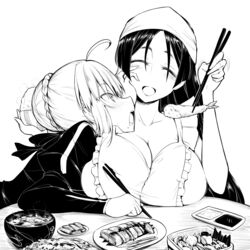  2girls ^_^ ahoge apron artoria_pendragon_(fate) blush bowl braid breasts chopsticks cleavage closed_eyes commentary_request fate/grand_order fate_(series) food french_braid greyscale highres huge_breasts long_hair long_sleeves minamoto_no_raikou_(fate) monochrome multiple_girls naked_apron open_mouth rice saber_(fate) short_hair shrimp yuriwhale 