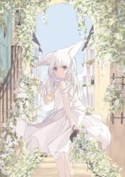  animal_ears bare_arms bare_shoulders blue_ribbon blue_sky bow building closed_mouth commentary_request day dress female flower from_side hair_ribbon highres holding holding_lantern kushida_you lantern long_hair looking_at_viewer looking_to_the_side original outdoors red_eyes ribbon sky sleeveless sleeveless_dress smile solo tail white_bow white_dress white_flower white_hair window 