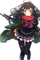  bayonet black_hair black_pantyhose black_sailor_collar black_serafuku black_skirt female floral_print girls&#039;_frontline green_jacket gun hair_ornament highres jacket jacket_on_shoulders kilabo light_blush long_hair looking_at_viewer neckerchief pantyhose pleated_skirt print_pantyhose red_eyes red_neckerchief red_scarf sailor_collar scarf school_uniform serafuku simple_background skirt solo submachine_gun triangle_mouth type_100_(girls&#039;_frontline) type_100_smg weapon white_background 