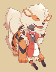  1boy affectionate arcanine batabiru commentary_request grey_hair hug kabu_(pokemon) male_focus multicolored_hair pokemon pokemon_(creature) pokemon_swsh red_legwear shirt shoes short_sleeves shorts side_slit side_slit_shorts socks towel towel_around_neck two-tone_hair 