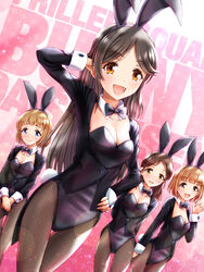  4girls animal_ears ayase_honoka black_bow black_bowtie black_coat black_hair black_legwear black_leotard blue_eyes bow bowtie breasts brown_eyes cleavage coat detached_collar dutch_angle fishnet_pantyhose fishnets frilled_square_(idolmaster) haua highres idolmaster idolmaster_cinderella_girls kitami_yuzu kudo_shinobu leotard light_brown_hair long_hair looking_at_viewer medium_breasts momoi_azuki multiple_girls orange_eyes pantyhose parted_bangs playboy_bunny rabbit_ears rabbit_tail short_hair standing strapless strapless_leotard tail tailcoat tailcoat_playboy_bunny text_background wrist_cuffs 