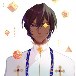  1boy 676643396dolce arjuna_(fate) bishounen brown_eyes brown_hair commentary cross cube dark-skinned_male dark_skin dice dodecahedron fate/grand_order fate_(series) highres male_focus octahedron one_eye_covered polyhedral_dice polyhedron portrait solo stole symbol-only_commentary tetrahedron truncated_icosahedron 