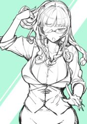  breasts carmilla_(fate) contemporary curly_hair dress_shirt fate/grand_order fate_(series) female fue_(rhomphair) glasses green_background green_theme highres jacket large_breasts line_art long_hair looking_at_viewer monochrome opaque_glasses open_mouth partially_opaque_glasses shirt solo 