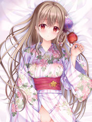  bed_sheet blush breasts brown_hair candy_apple commentary_request female floral_print flower food groin hair_between_eyes hair_flower hair_ornament highres holding holding_food japanese_clothes kimono long_sleeves looking_at_viewer maeda_shiori medium_breasts no_panties obi out-of-frame_censoring parted_lips print_kimono purple_flower red_eyes sash solo sousouman twinbox_school white_flower white_kimono wide_sleeves 