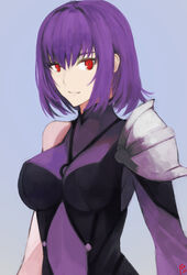  absurdres alternate_costume alternate_hairstyle armor bodysuit breasts fate/grand_order fate_(series) female hair_intakes highres large_breasts leotard light_smile looking_at_viewer moedredd purple_bodysuit purple_hair purple_leotard red_eyes scathach_(fate) scathach_skadi_(fate) short_hair shoulder_armor simple_background solo 