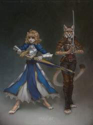  2020 4_toes 5_fingers anthro artoria_pendragon blue_eyes clothed clothing digital_media_(artwork) domestic_cat duo etskuni eyebrows eyelashes fate_(series) feet felid feline felis female fingers hi_res holding_melee_weapon holding_object holding_sword holding_weapon lynx mammal melee_weapon orange_eyes standing sword toes type-moon weapon 