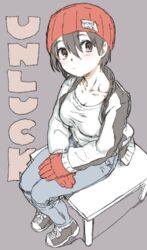  beanie black_hair brown_eyes commentary_request denim female gloves grey_background hat izumo_fuuko jacket jeans looking_at_viewer nametake pants red_beanie red_gloves red_hat shirt shoes short_hair simple_background sitting sneakers solo undead_unluck white_shirt 