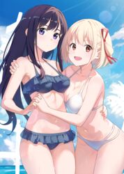  .com_(bot_com1) 2girls :d bare_arms bare_shoulders bikini black_hair blonde_hair blue_bikini blue_sky bob_cut breasts bubble cleavage closed_mouth cloud collarbone commentary cowboy_shot day dot_nose frilled_bikini frills hair_ribbon hand_on_another&#039;s_shoulder hand_on_another&#039;s_waist highres holding_hands inoue_takina interlocked_fingers large_breasts lens_flare light_blush light_rays long_hair looking_at_viewer lycoris_recoil medium_breasts multi-strapped_bikini multiple_girls navel nishikigi_chisato ocean open_mouth outdoors purple_eyes red_eyes red_ribbon ribbon short_hair sky smile stomach sunbeam sunlight swimsuit water white_bikini yuri 