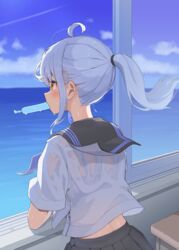  black_sailor_collar black_skirt blue_hair blue_sky bra bra_visible_through_clothes brown_eyes cloud commentary_request day desk female floating_hair from_behind hair_between_eyes horizon kopaka_(karda_nui) leaning_out_of_window mouth_hold ocean open_window original outdoors pleated_skirt ponytail profile sailor_collar school_desk school_uniform serafuku shirt short_sleeves skirt sky solo tupet underwear water wet wet_clothes wet_shirt white_bra white_shirt window 